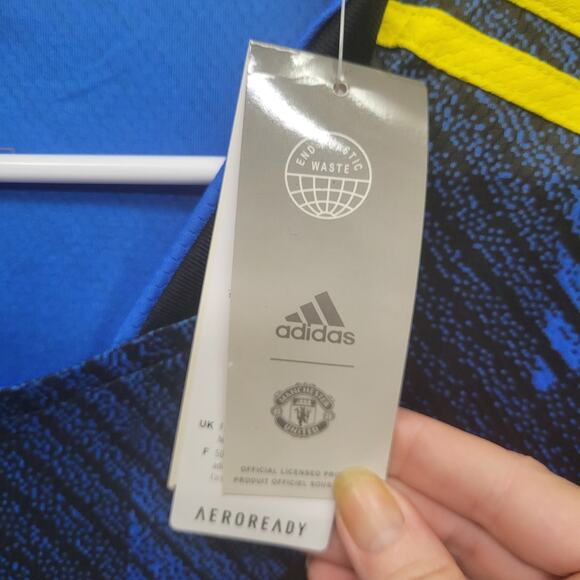 NWT Adidas Manchester United Jersey Size L Blue Yellow Team Viewer Soccer Away - Picture 6 of 9
